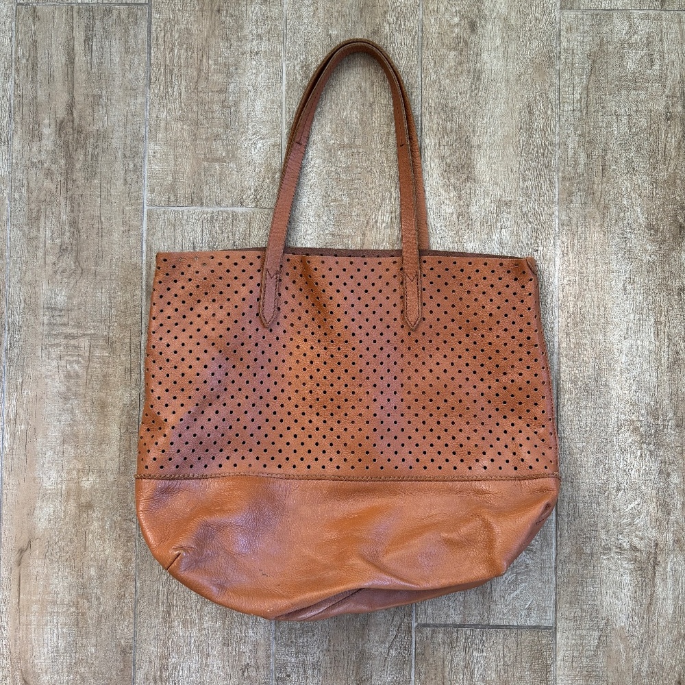 J. Crew Leather Perforated Tote in Cognac